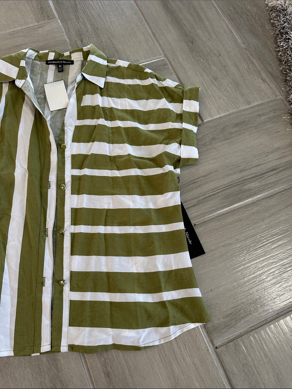 Olive Green and White Striped Women Button Shirt - Picture 4 of 5